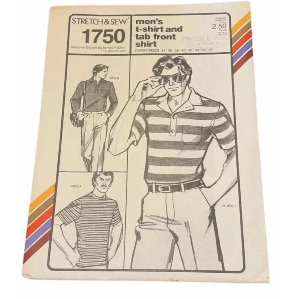 Polo Shirt Mens Size 34-48 UNCUT Pattern 1750 Vintage 60s Crew Neck Collar